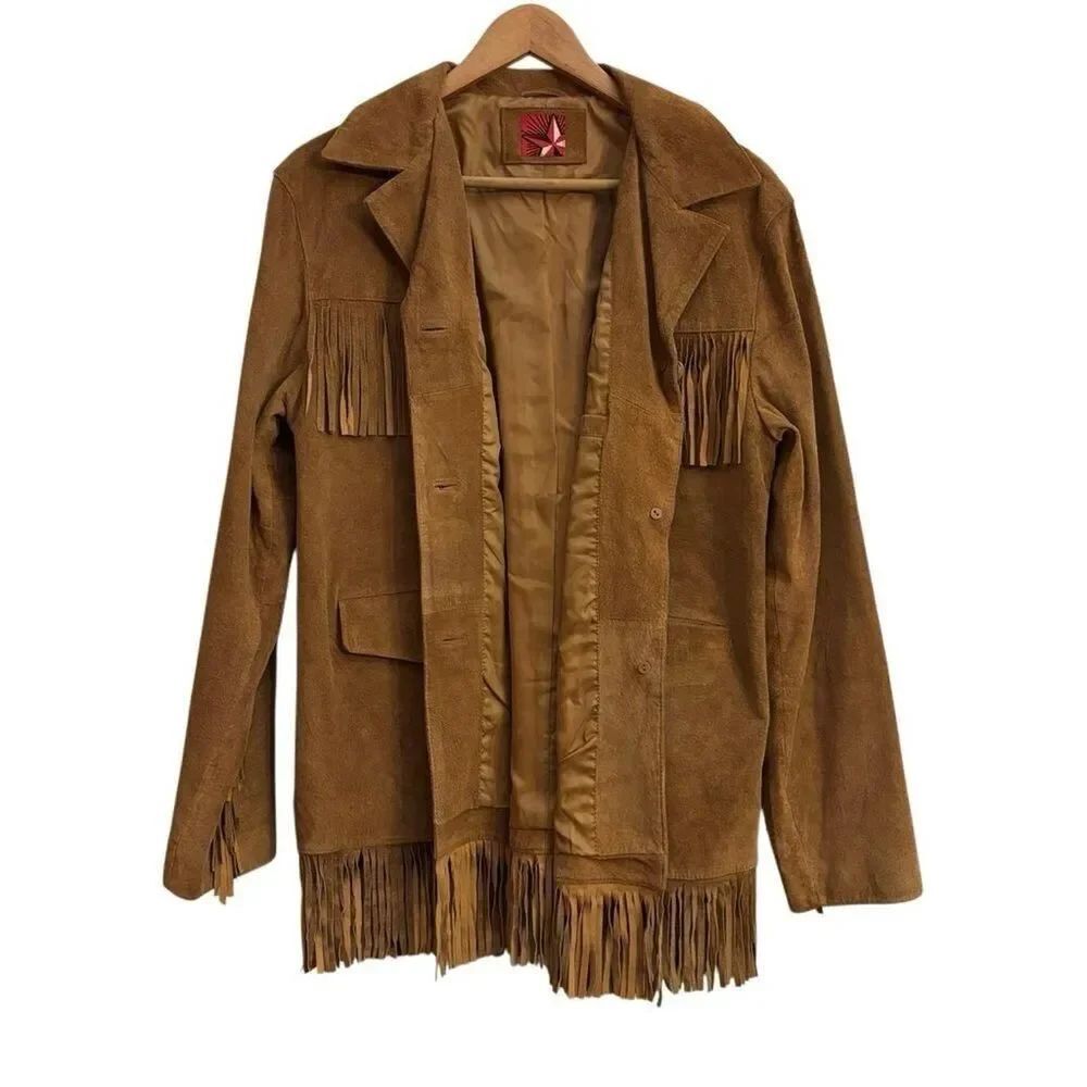 Marlboro Vintage 100% Genuine Leather Fringe Jacket Western Boho Brown XL - Picture 3 of 7